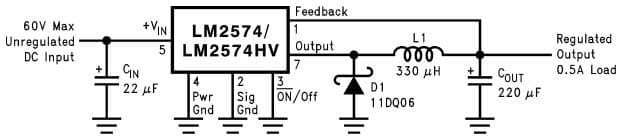 Typical Application Circuit (Fixed Output Voltage Versions) for LM2574HV SIMPLE SWITCHER 0.5A Step-Down Voltage Regulator