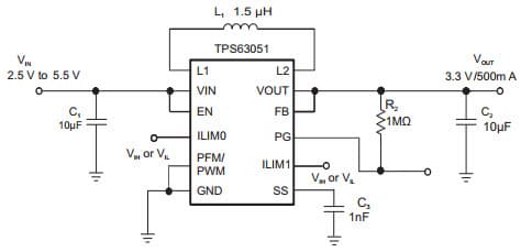 Typical Application Circuit for TPS63050YFF Single Inductor Buck-Boost With 1A Switches and Adjustable Soft Start