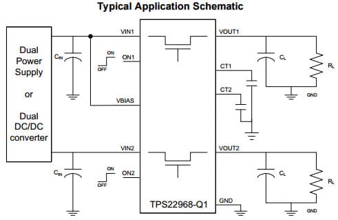 Typical Application Circuit for TPS22968-Q1, 5.5V, 4A, 27m OHM On-Resistance Load Switch