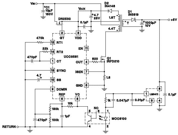 Typical Application Circuit for UCC2581 Micro-power Voltage Mode PWM for Micro-Power supply with 50% efficiency at 12.5mW load