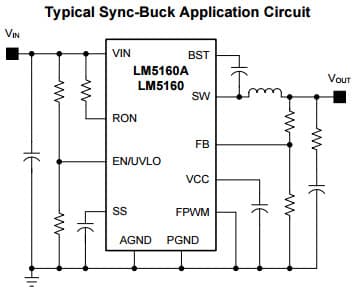 Typical Sync-Buck Application Circuit for LM5160A Wide Input 65V, 1.5A Synchronous Buck/Fly-Buck Converter