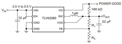 Typical Application Circuit for TLV62080 1.2A and 2A High-Efficiency Step-Down Converter