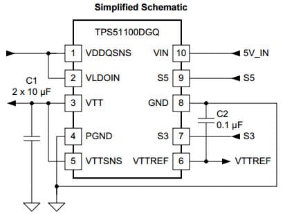 Typical Application Circuit for TPS51100 3A Sink/Source DDR Termination Regulator