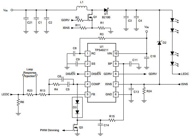 Typical Application Circuit at 12V Input, 700mA LED Driver, Up to 35V LED String for TPS40211 4.5V to 52V Input Current Mode Boost Controller