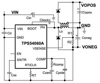 Typical Application Circuit for TPS54060A Step Down SWIFT DC/DC Converter With Eco Mode for Split Rail Power Supply Based on the SLVA369 Application Note