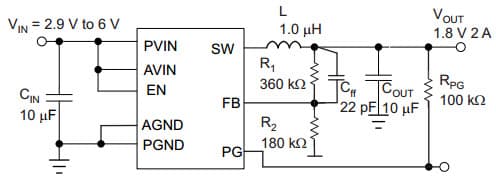 Typical Application Circuit for TPS62065 Low-Noise, Very Low Drift, Precision Voltage Reference for Adjustable 1.8-V Output