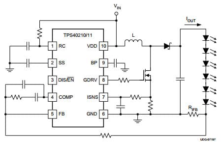 Typical Application LED Drive Schematic for TPS40211 4.5V to 52V Input Current Mode Boost Controller