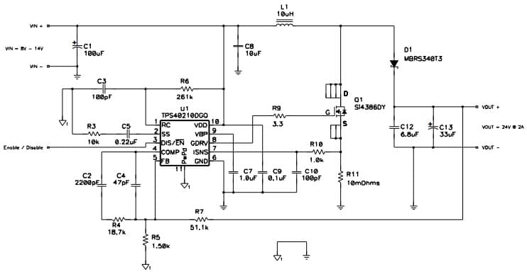 Typical Application Design Example at 12V to 24V at 2A for TPS40211 4.5V to 52V Input Current Mode Boost Controller