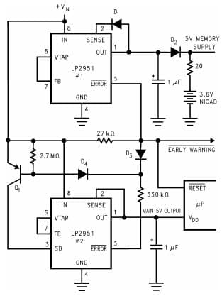 Typical Application Circuit for LP2950 Regulator with Early Warning and Auxiliary Output