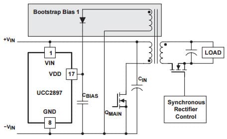 Typical Application Circuit for Bootstrap Bias 1, Flyback Example for UCC2897 Advanced Current-Mode Active Clamp PWM Controller