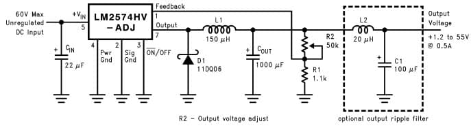 Typical Application Circuit for LM2574HV, 1.2V to 55V Adjustable 500mA Power Supply with Low Output Ripple