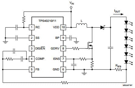 Typical Application LED Drive Schematic for TPS40210-Q1 4.5V to 52V Input, Current-Mode Boost Controller