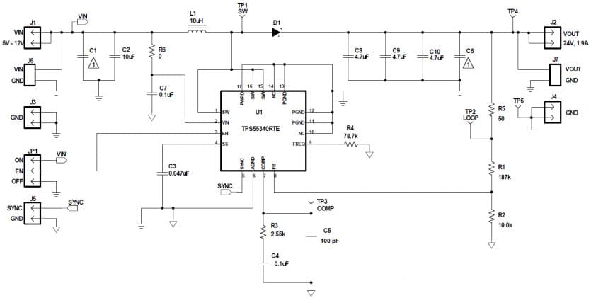 Typical Boost Converter Application Schematic for TPS55340 Integrated 5A, 40V Wide Input Range Boost/SEPIC/Flyback DC-DC Regulator