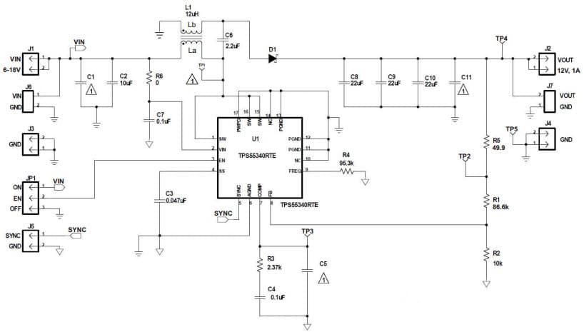 Typical SEPIC Converter Application Schematic for TPS55340 Integrated 5A, 40V Wide Input Range Boost/SEPIC/Flyback DC-DC Regulator