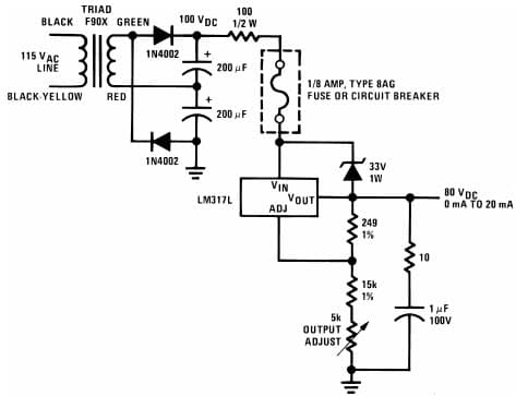 Typical Application for LM317L Short Circuit Protected 80V Supply Adjustable Regulator