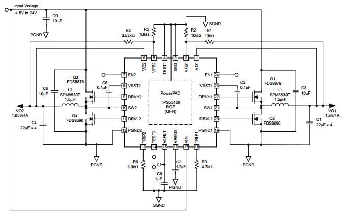 Typical Application Circuit at 350kHz Switching Frequency Selection (TEST2 Pin = GND) for TPS53126 Dual Synchronous Step-Down Controller for Low Voltage Power Rails