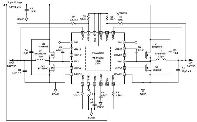 Typical Application Circuit at 700 kHz Switching frequency Selection (TEST2 Pin = V5FILT) for TPS53126 Dual Synchronous Step-Down Controller for Low Voltage Power Rails