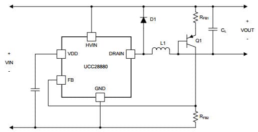 Typical Application Circuit for Low-Side Buck - Direct feedback (level-shifted) for UCC28880 Voltage Mode PWM Controller