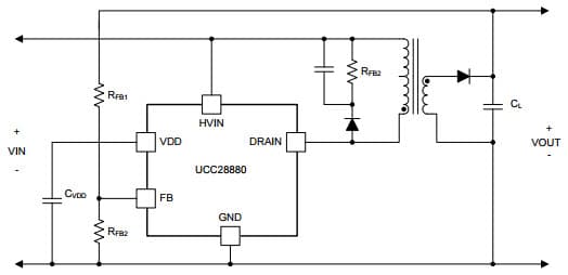 Typical Application Circuit for Non-Isolated Flyback Configuration for UCC28880 Voltage Mode PWM Controller