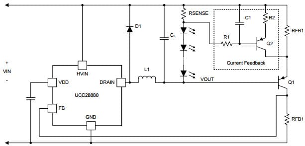 Typical Application Circuit for Low-Side Buck LED Driver - Direct feedback (level-shifted) for UCC28880 Voltage Mode PWM Controller