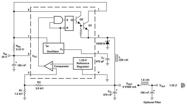 Typical Application Circuit for MC33063A-Q1 Step-Down Switching Regulator