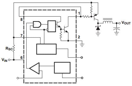 Typical Application Circuit for MC33063A-Q1 Voltage-Inverting Converter with EXTERNAL PNP SATURATED SWITCH