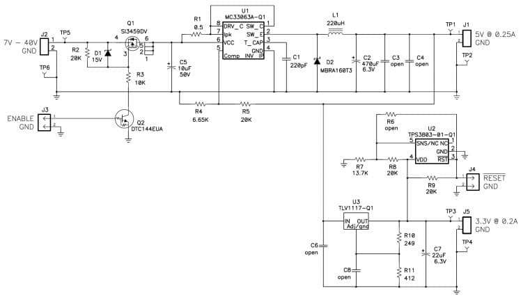 Typical Application 12V Battery Based Automotive Supply Schematic for MC33063A-Q1 Boost/Buck/Inverting Switching Regulator