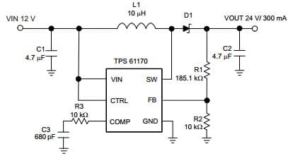 Typical Application Circuit for 12V to 24V DC/DC Power Conversion for TPS61170 DC to DC Converter and Switching Regulator Chip