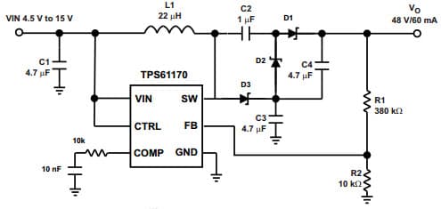 Typical Application Circuit for 48V Phantom Power Application Circuit for TPS61170 DC to DC Converter and Switching Regulator Chip