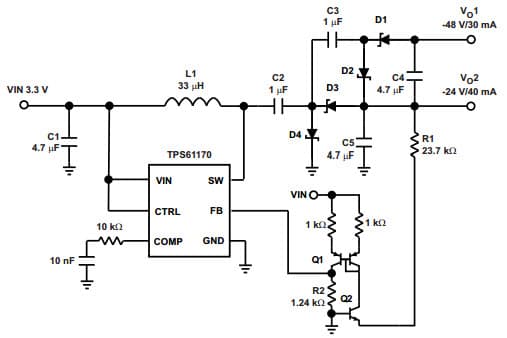 Typical Application Circuit for -24V/-48V Buck-Boost Converter From 3.3V Input for TPS61170 DC to DC Converter and Switching Regulator Chip