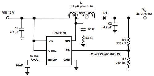 Typical Application Circuit for 12V to 48V Flyback Topology for TPS61170 DC to DC Converter and Switching Regulator Chip