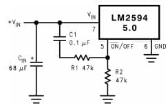 Typical Application Circuit for LM2594 Delayed Startup Simple Switcher Power Converter, Step-Down Voltage Regulator