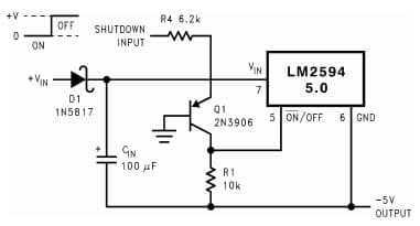 Typical Application Circuit for LM2594HV Simple Switcher Power Converter, Step-Down Voltage Regulator for Inverting Regulator Ground Referenced shut-down