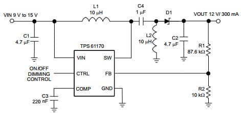 Typical Application Circuit for 12V SEPIC (Buck-Boost) Converter for TPS61170 DC to DC Converter and Switching Regulator Chip