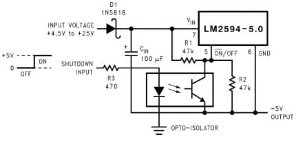 Typical Application Circuit for LM2594 Inverting Regulator Ground Referenced shut-down using Opto-device