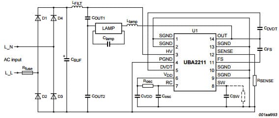 Typical Application for UBA2211 Half-bridge power IC family for CFL lamps