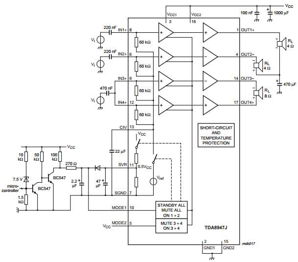 Typical Application Circuit for TDA8947J 4-channel audio amplifier