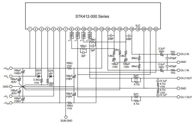 Typical Application for STK412-170 Two-Channel Shift Power Supply Audio Power Amplifier ICs