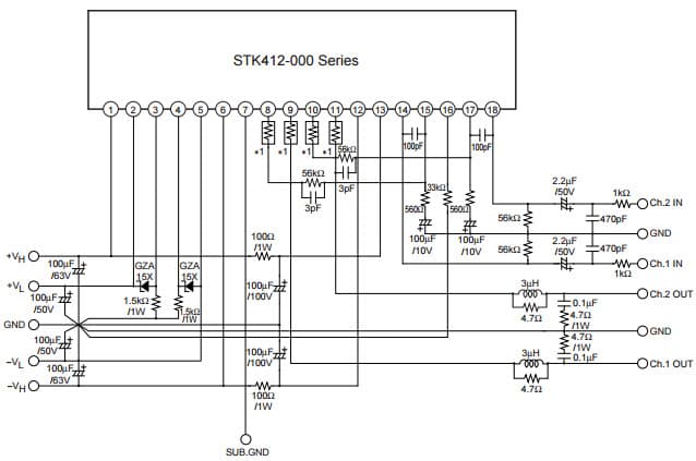 Typical Application for STK412-030 Two-Channel Shift Power Supply Audio Power Amplifier ICs