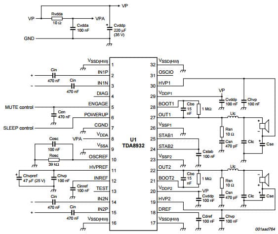 Typical Simplified Application for 2 + SE (asymmetrical supply) for TDA8932 Class-D audio amplifier