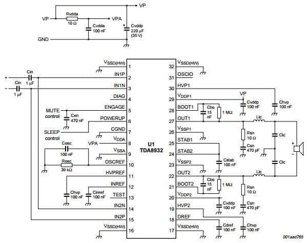 Typical Simplified Application for 1 + BTL (asymmetrical supply) for TDA8932 Class-D audio amplifier