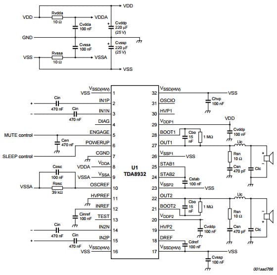 Typical Simplified Application for 2 + SE (symmetrical supply) for TDA8932 Class-D audio amplifier