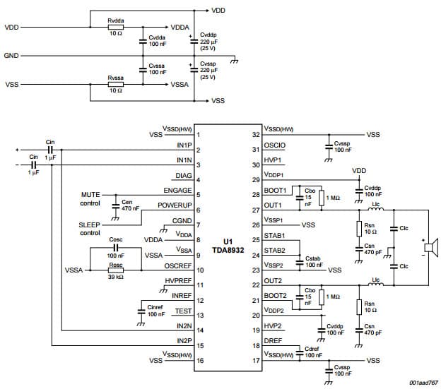 Typical Simplified Application for 1 + BTL (symmetrical supply) for TDA8932 Class-D audio amplifier