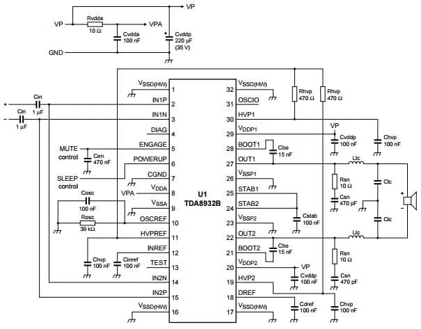 Typical simplified application diagram for 1 + BTL (asymmetrical supply) for TDA8932B Class-D audio amplifier