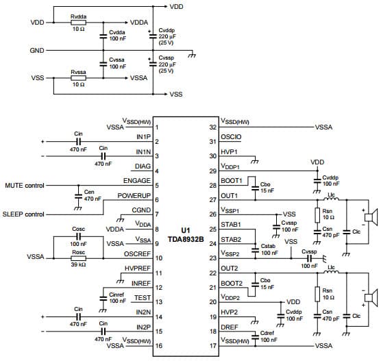 Typical simplified application diagram for 2 + SE (symmetrical supply) for TDA8932B Class-D audio amplifier