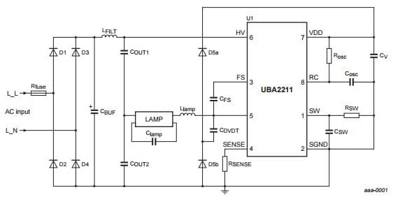 Typical Application for UBA2211 Half-bridge power IC family for CFL lamps