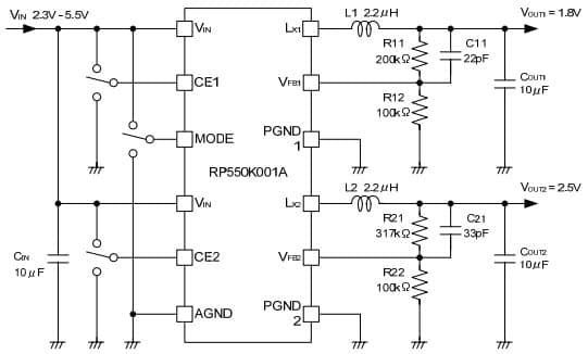 Typical Application for RP550K001A 1A PWM/VFM Dual Step-down DC/DC Converter with Synchronous Rectifier