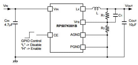 Typical Application for RP507K001B 600mA Step-down DC/DC Converter with Synchronous Rectifier