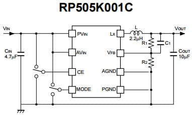 Typical Application for RP505K001C 1A PWM/VFM Step-down DC/DC Converter with Synchronous Rectifier