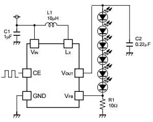 Typical Application Using R1205N823C PWM Step-Up DC-DC Converter for White LED/PMOLED